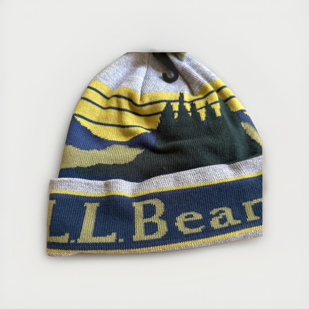 NWT L.L. Bean KATAHDIN Pom Graphic Hat Beanie Gray Blue Green Mts &‎ Trees - Picture 3 of 13